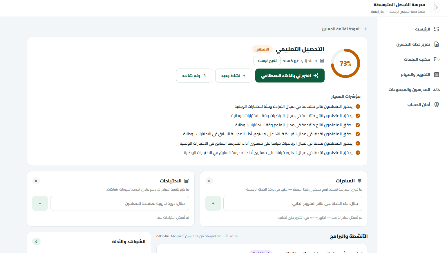 صفحة المعيار بمؤشراته ومبادراته واحتياجاته وأنشطته